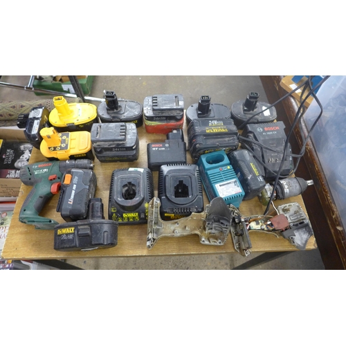 2026 - A large quantity of Dewalt batteries and chargers; Makita, Bosch, Hitachi