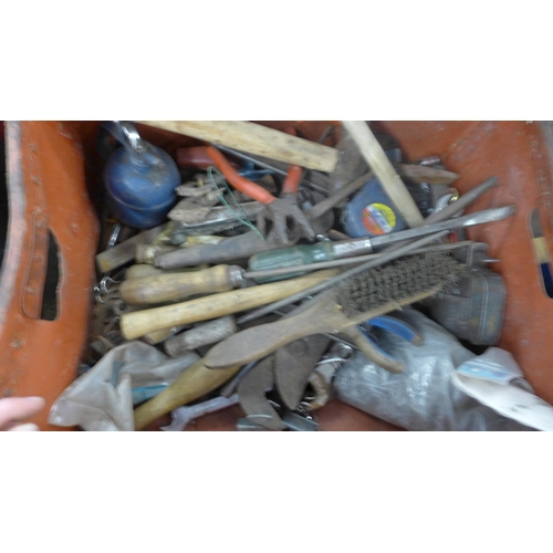 2028 - 3 Boxes of assorted hand tools including hammers. Screwdrivers. allen keys, oil can, tape measures, ... 