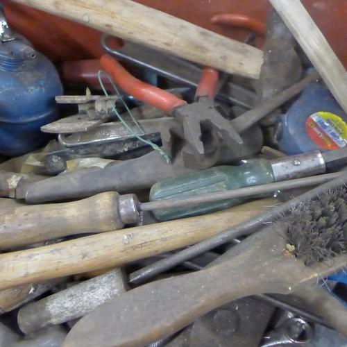 2028 - 3 Boxes of assorted hand tools including hammers. Screwdrivers. allen keys, oil can, tape measures, ... 