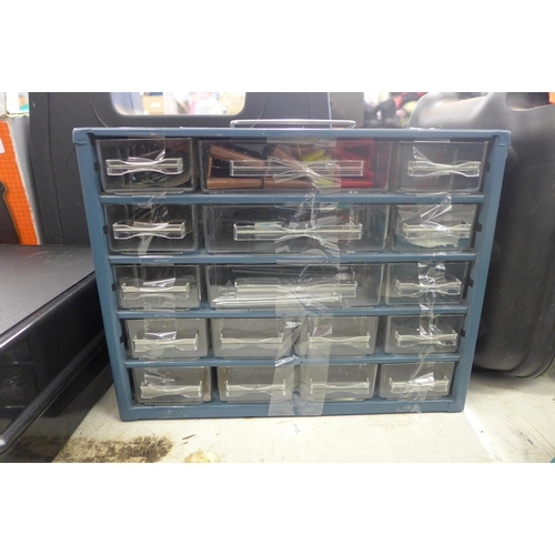 2048 - A Raaco 17 compartment organiser/tool cabinet for screws, nails and other fixings, includes a quanti... 