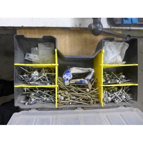 2071 - A Stanley tool box with a quantity of screws and nails