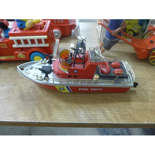 2079 - Toys including Marx Hill climbing dump truck, Disney fire engine, Fire Department boat, a boxed bull... 