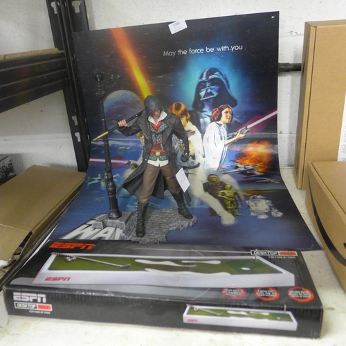 2088 - An Assassins Creed figure, 3D Star Wars poster and ESPN desktop Golf set