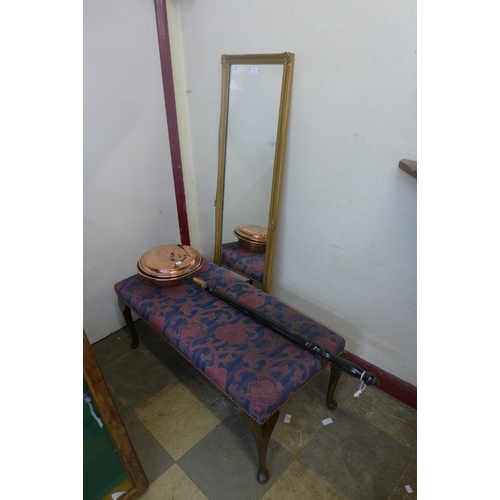 333 - A gilt framed mirror, copper warming pan and a stool