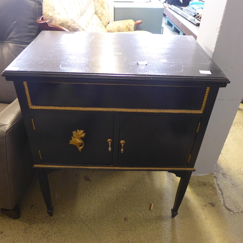 1578 - A dark stained wood and floral upholstered cottage sofa and a black painted cabinet