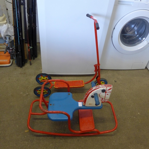 2238 - A metal and wooden vintage rocking horse and a child's scooter