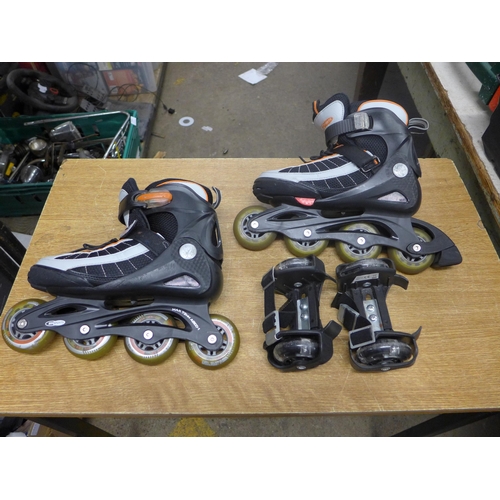 2491 - A pair of inline roller skates and a pair of heel skate attachments