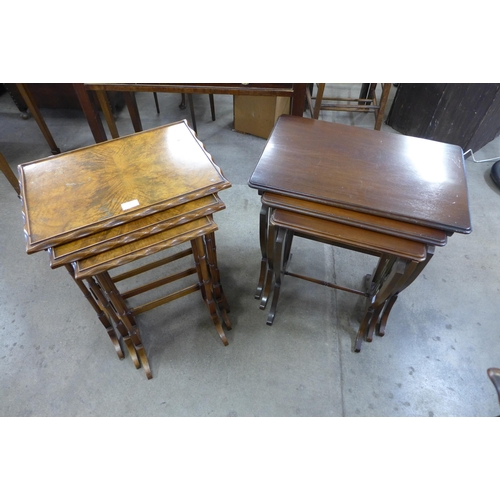 175 - A Regency style mahogany lyre end nest of tables and a walnut nest of tables