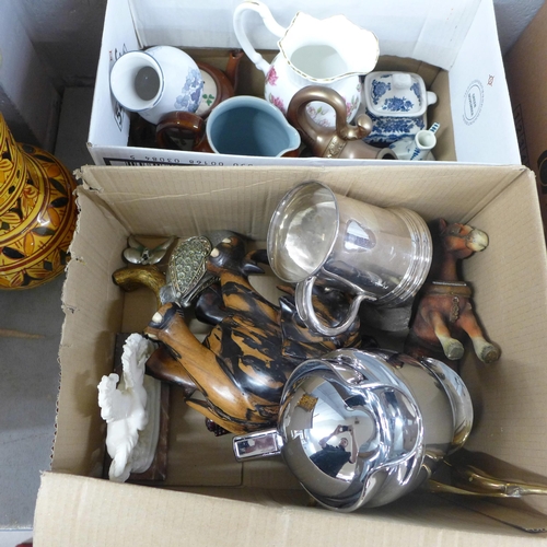 1110 - Three boxes of glassware, metalwares including a plated tankard marked The Nottingham Electro Platin... 