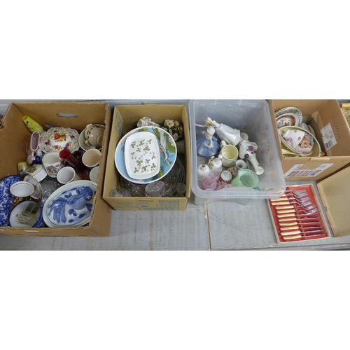 1111 - Four boxes of mixed glass and china including Royal Albert Old Country Roses, collectors spoons, thi... 