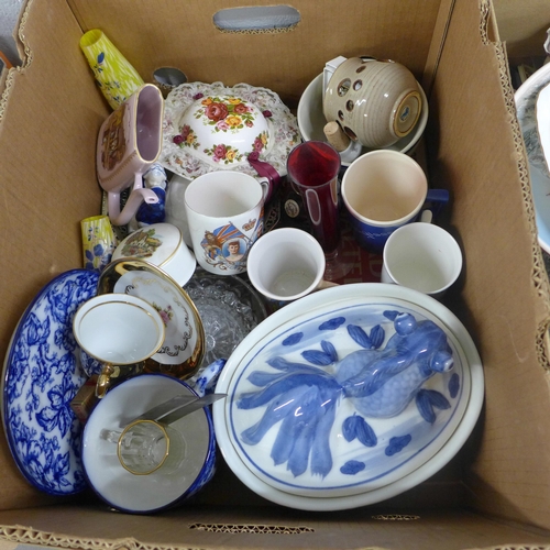 1111 - Four boxes of mixed glass and china including Royal Albert Old Country Roses, collectors spoons, thi... 