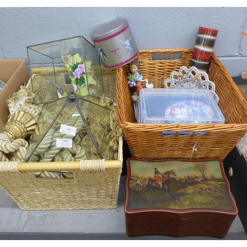 1112 - Two boxes of assorted items including mixed china, tins, curtain tie backs, etc. **PLEASE NOTE THIS ... 