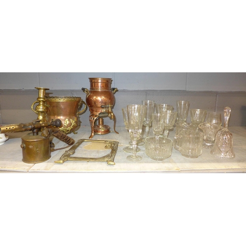 1116 - Two boxes of metalwares including a brass candlestick, an urn and a collection of glassware **PLEASE... 