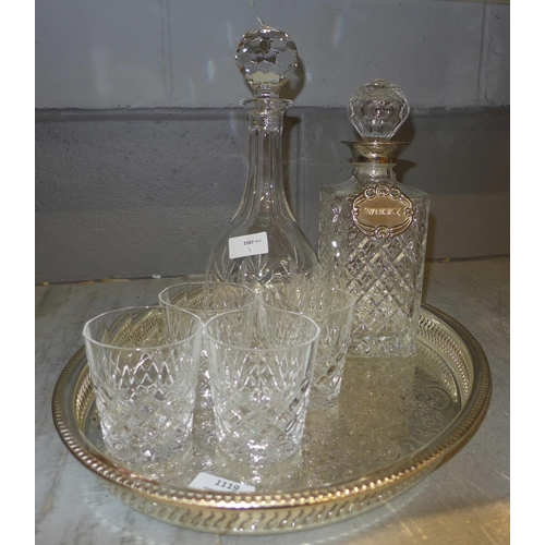 1119 - A silver plated gallery tray, two glass decanters and four whisky tumblers **PLEASE NOTE THIS LOT IS... 