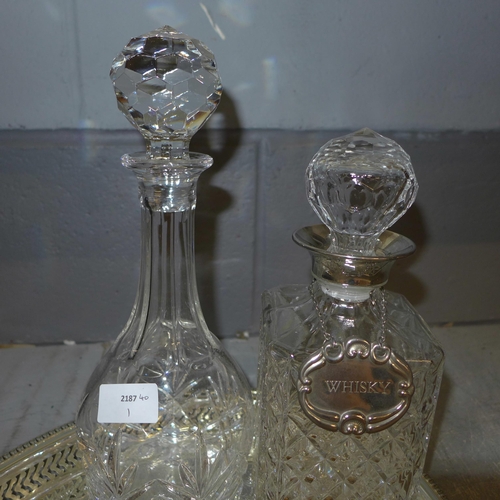 1119 - A silver plated gallery tray, two glass decanters and four whisky tumblers **PLEASE NOTE THIS LOT IS... 