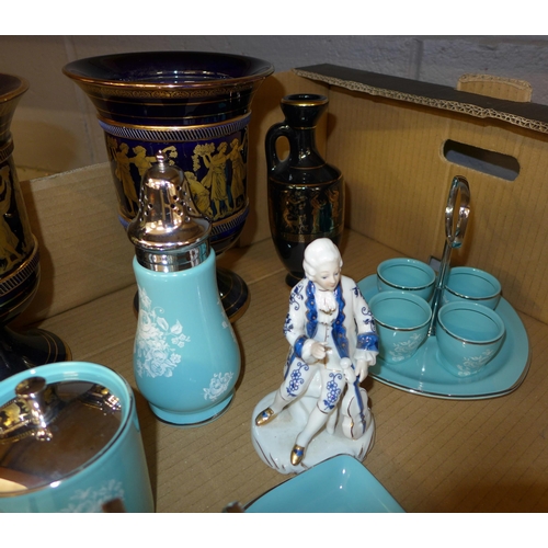 1120 - A box of mixed china including a Midwinter breakfast set, two continental figures, 24ct gold plated ... 