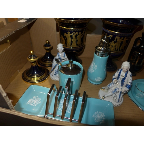 1120 - A box of mixed china including a Midwinter breakfast set, two continental figures, 24ct gold plated ... 