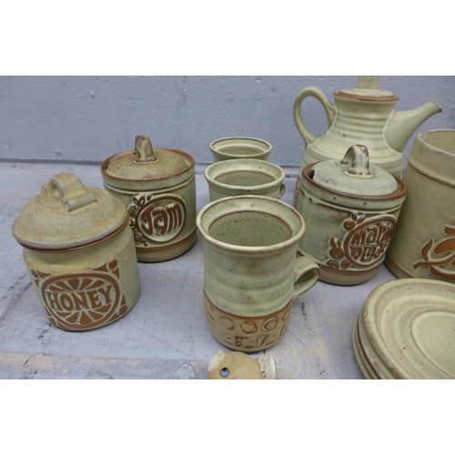 1127 - A collection of stoneware coffee ware, some items a/f and a lamp base **PLEASE NOTE THIS LOT IS NOT ... 