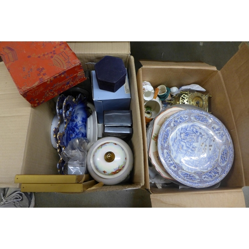 1129 - Two boxes of assorted items, decorative china including Royal Crown Derby, miniature tea set, boxed ... 