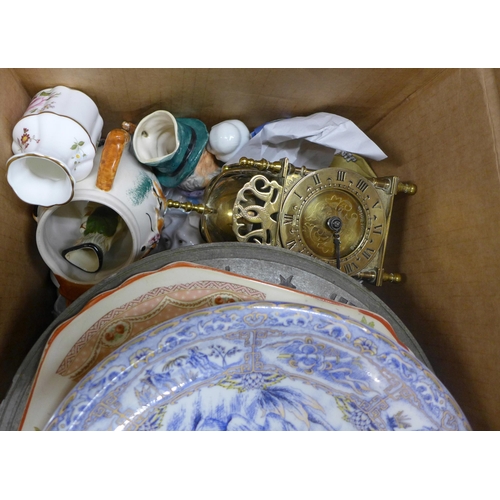 1129 - Two boxes of assorted items, decorative china including Royal Crown Derby, miniature tea set, boxed ... 