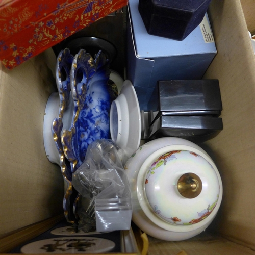 1129 - Two boxes of assorted items, decorative china including Royal Crown Derby, miniature tea set, boxed ... 