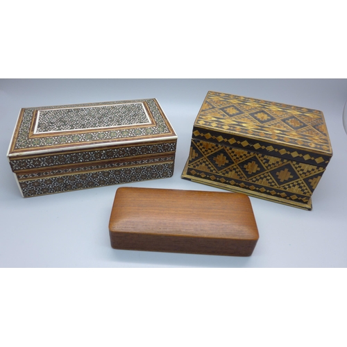 612 - An Indian Sadeli inlaid mosaic box, stamp box and straw work box