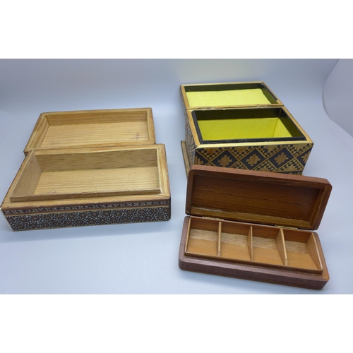 612 - An Indian Sadeli inlaid mosaic box, stamp box and straw work box