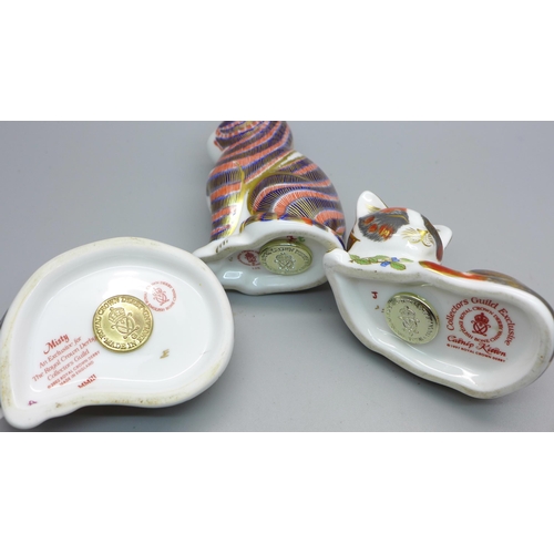 634 - Three Royal Crown Derby cat paperweights, including Misty and Catnip Kitchen