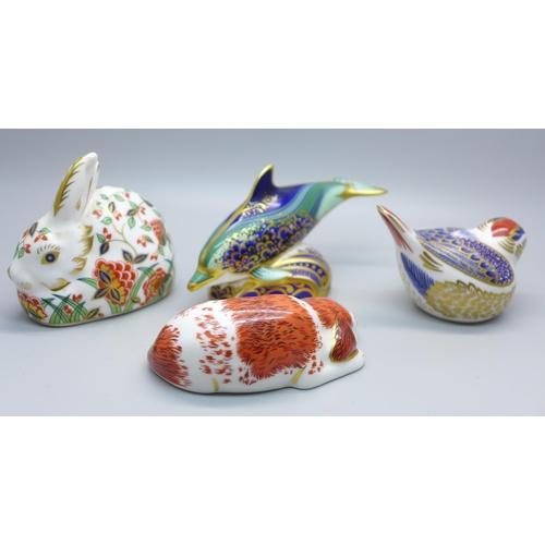 635 - Four Royal Crown Derby paperweights; Puppy, Meadow Rabbit, Baby Bottlenose Dolphin and a bird