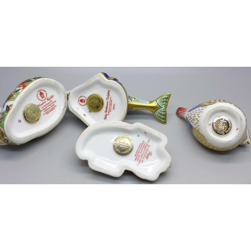 635 - Four Royal Crown Derby paperweights; Puppy, Meadow Rabbit, Baby Bottlenose Dolphin and a bird