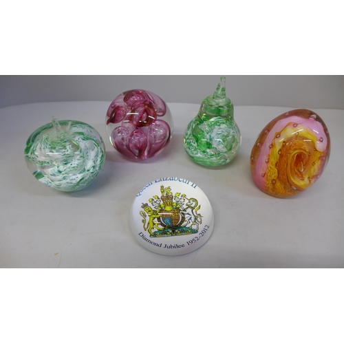 656 - Four Caithness glass paperweights and a Queen Elizabeth II Diamond Jubilee paperweight, boxed