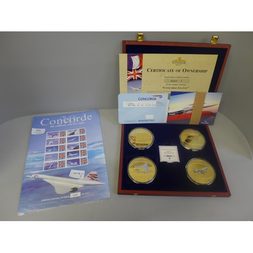 670 - Concorde, a case of four medallions, and a sheet of stamps