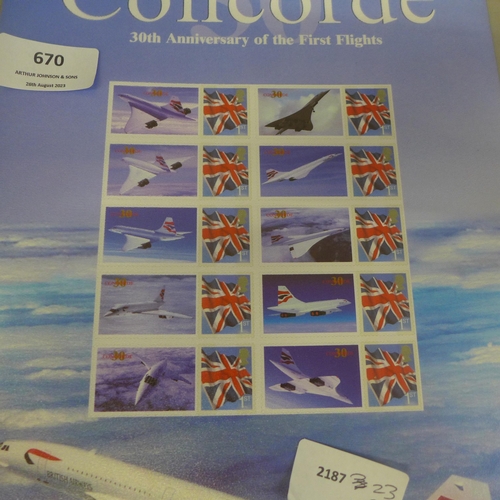 670 - Concorde, a case of four medallions, and a sheet of stamps