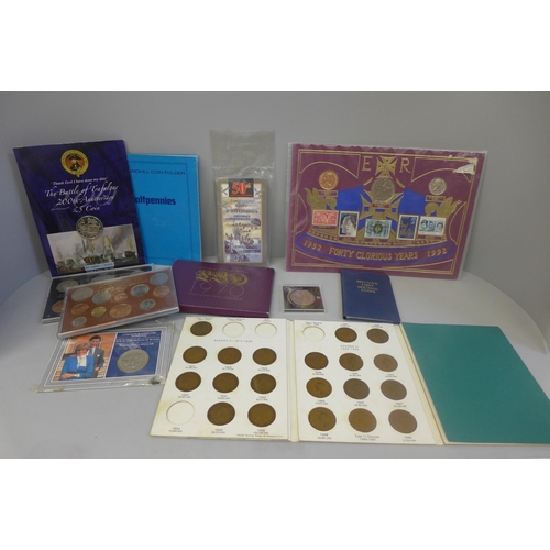 671 - Coins; a box of GB year packs, commemorative coins, etc.