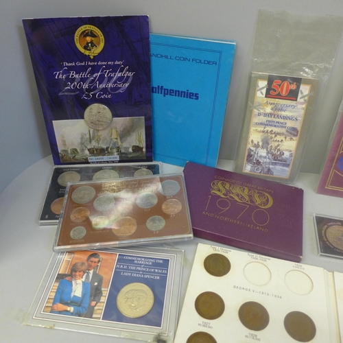 671 - Coins; a box of GB year packs, commemorative coins, etc.