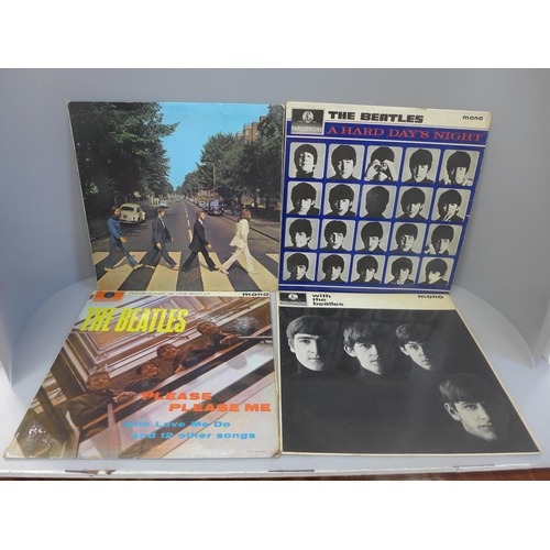 675 - Music memorabilia; four Beatles LPs, early mono versions of A Hard Day's Night, Please Please Me and... 