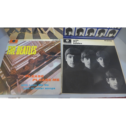 675 - Music memorabilia; four Beatles LPs, early mono versions of A Hard Day's Night, Please Please Me and... 