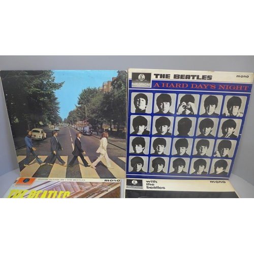 675 - Music memorabilia; four Beatles LPs, early mono versions of A Hard Day's Night, Please Please Me and... 