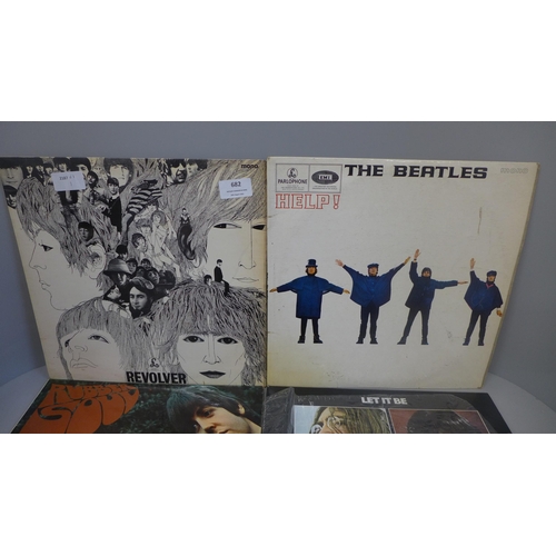 682 - Four Beatles LP records, Rubber Soul, Help, Revolver and Let It Be