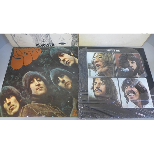 682 - Four Beatles LP records, Rubber Soul, Help, Revolver and Let It Be