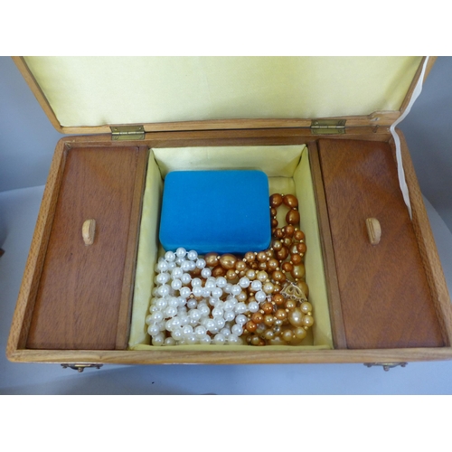 689 - Three wooden boxes, one containing costume jewellery