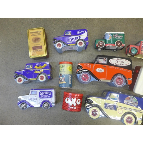 707 - A collection of novelty tins including Oxo, vehicles and a 'radio'