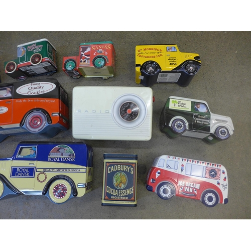 707 - A collection of novelty tins including Oxo, vehicles and a 'radio'