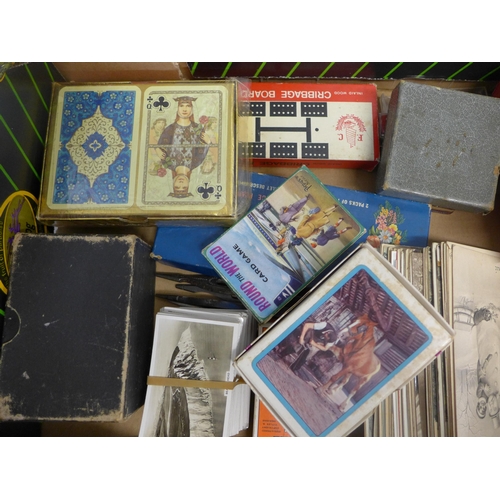 734 - A collection of cards, postcards, Senior Service cigarette cards, chessmen, etc.