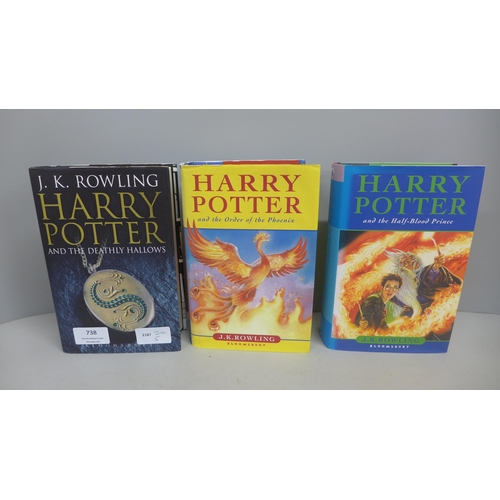 738 - Three hardback first edition novels by J.K. Rowling; Harry Potter and the Order of The Phoenix (chil... 