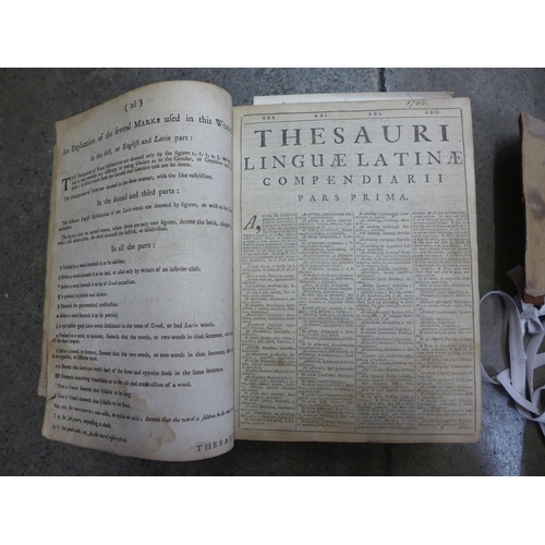 741 - A 1736 Latin dictionary also thesaurus and geographical index and a 19th Century family Bible