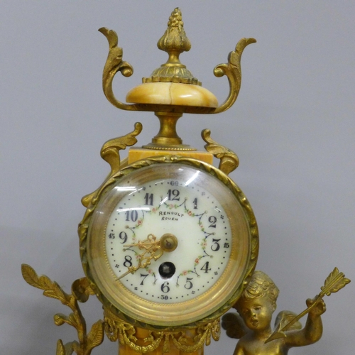 764 - A 19th Century French yellow marble and gilt metal clock garniture, with cupid, the porcelain dial m... 