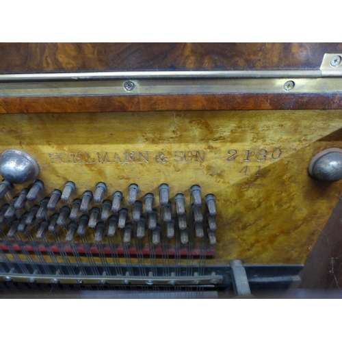 122 - A Victorian burr walnut Pohlmann & Son, Patent Escapement Action overstrung upright piano. With non-... 