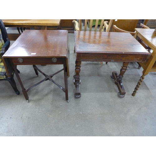 159 - A George III mahogany drop-leaf single drawer side table and a Victorian mahogany single drawer side... 