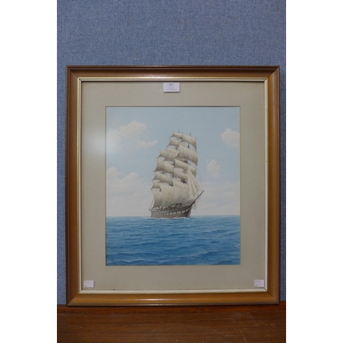 257 - Leslie W. Rowsell, sailing ship at sea, watercolour, framed